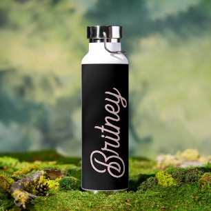 Modern Black Blush Dusty Pink Monogram Name Water Bottle