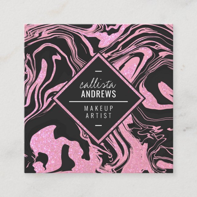 Modern Black Blush Pink Glitter Marble Makeup Square Business Card (Front)