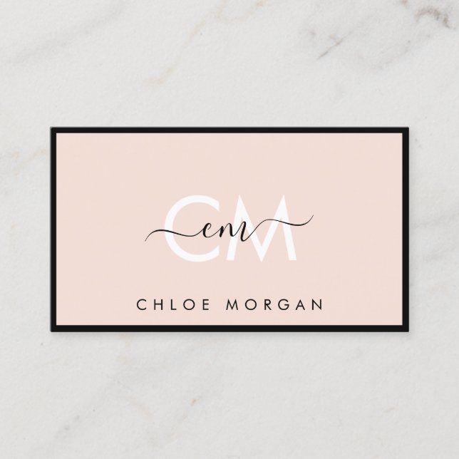 Modern black blush pink script signature monogram business card (Front)