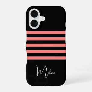 Modern Black Blush Pink Stripe Monogrammed iPhone 16 Case