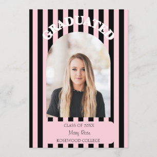 Modern Black & Blush Pink Striped Graduation Announcement