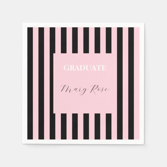 Modern Black & Blush Pink Striped Graduation Napkin (Front)