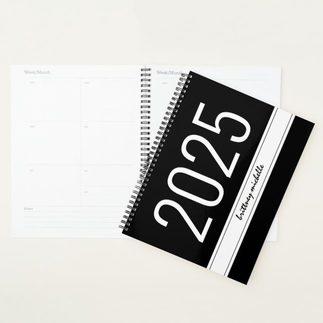 Modern Black Bold Simple Stripe Personalised 2025 Planner (Display)