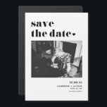 Modern Black Bold Typography Photo Save the Date Magnetic Invitation<br><div class="desc">Make a bold first impression with this customisable photo Save the Date magnet featuring black retro typography on a clean layout. Upload your favourite photo and personalise it with your names, wedding date, and location for a vintage-inspired announcement that stands out. The retro type design adds a nostalgic yet stylish...</div>