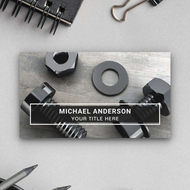 Modern Black Bolt and Nut Fasteners Hardware Store Business Card (Creator Uploaded)