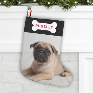 Modern Black Bone Tag Pet Dog Photo Name Small Christmas Stocking