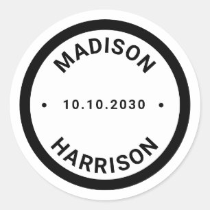 Modern black border custom names date favour classic round sticker