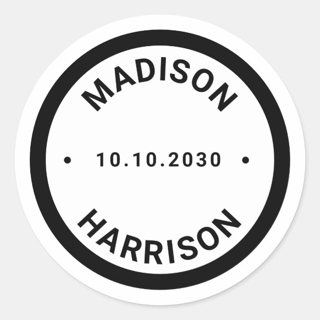 Modern black border custom names date favour classic round sticker (Front)
