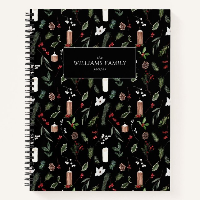 Modern Black Botanical Christmas Family Recipes Notebook (Front)