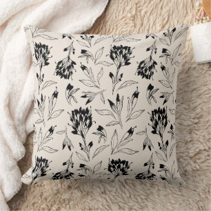 Modern Black Botanical Floral Sketch Pattern Cushion