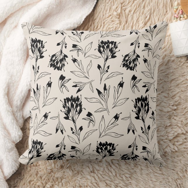 Modern Black Botanical Floral Sketch Pattern Cushion (Blanket)