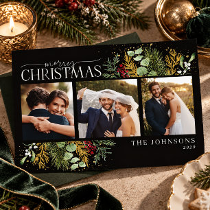 Modern Black Botanical Greenery 3 Photo Wedding Holiday Card