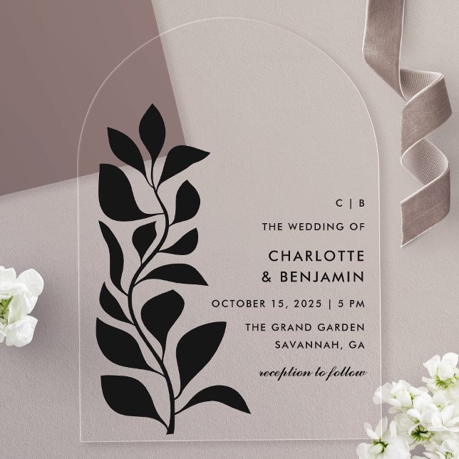 Modern Black Botanical Leaves Wedding Acrylic Invitations (Creator Uploaded)
