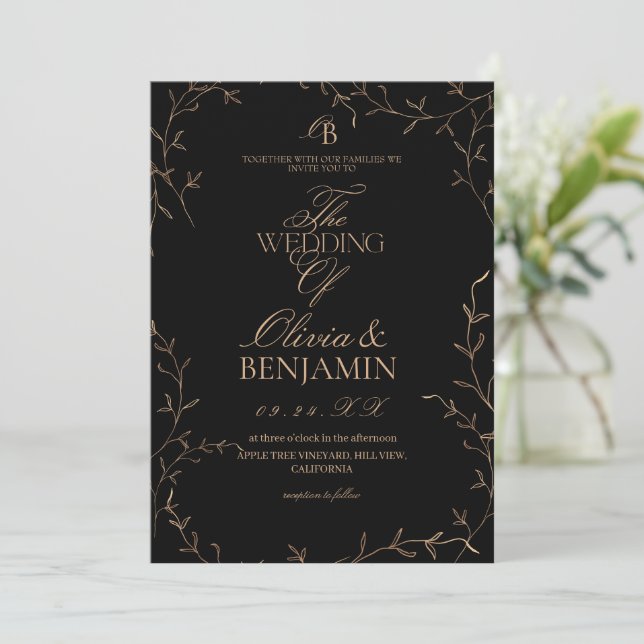 Modern Black Botanical Wedding Invitation (Standing Front)