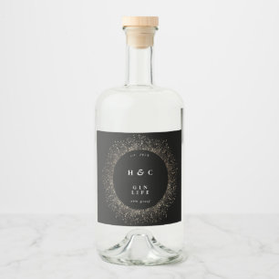 Modern Black Botanicals Gold Boho Spark Gin Circle Liquor Bottle Label