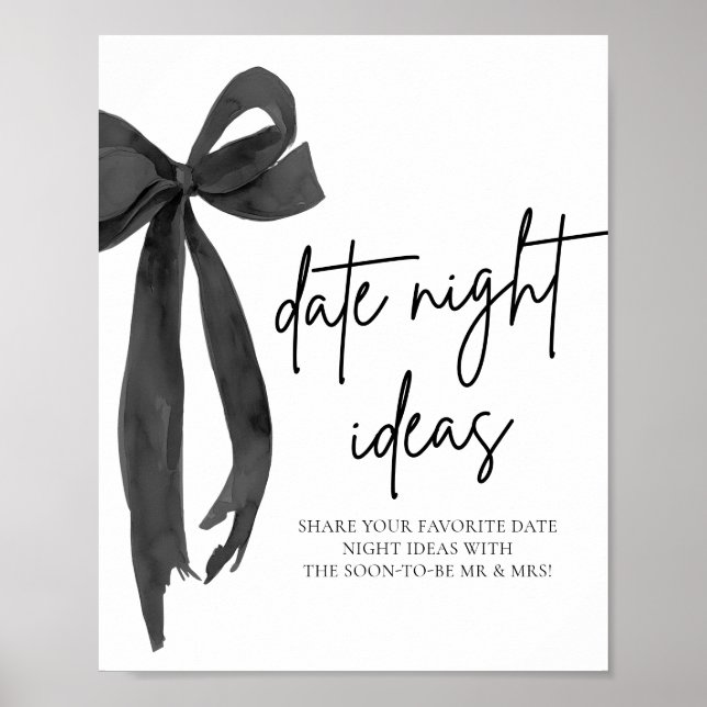 Modern Black Bow Bridal Date Night Ideas Game Sign (Front)