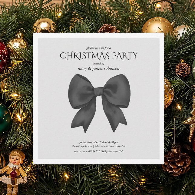 Modern Black Bow Christmas Holiday Party  Invitation (Modern Black Bow Christmas Holiday Party Invitation)