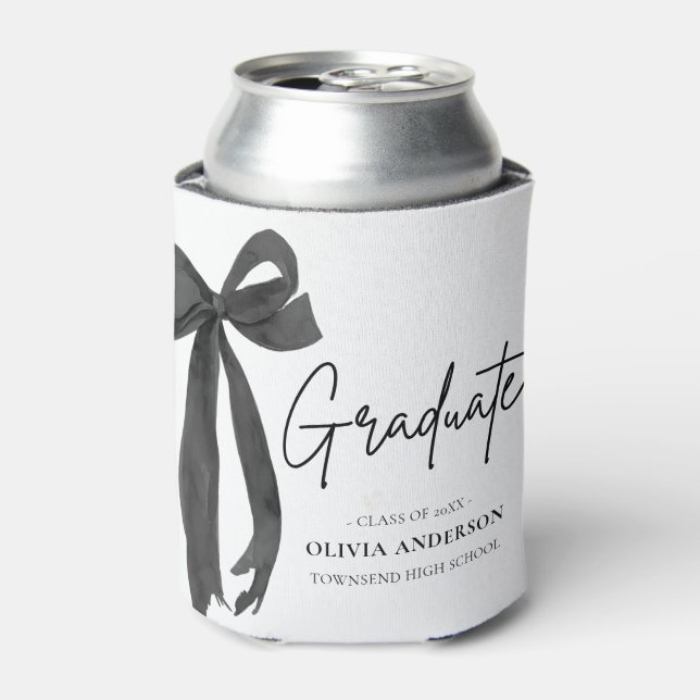 Modern Black Bow Coquette Graduate Graduation Can Cooler (Can Front)