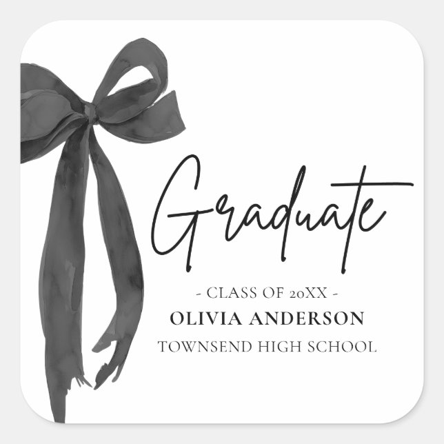 Modern Black Bow Coquette Graduate Graduation Square Sticker (Front)