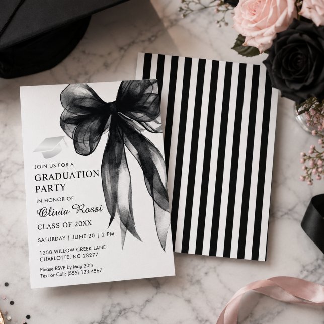 Modern Black Bow Coquette Graduation Party Invitation (Elegant Watercolor Black Bow Coquette Graduation party invitation,  black and white stripe back.)