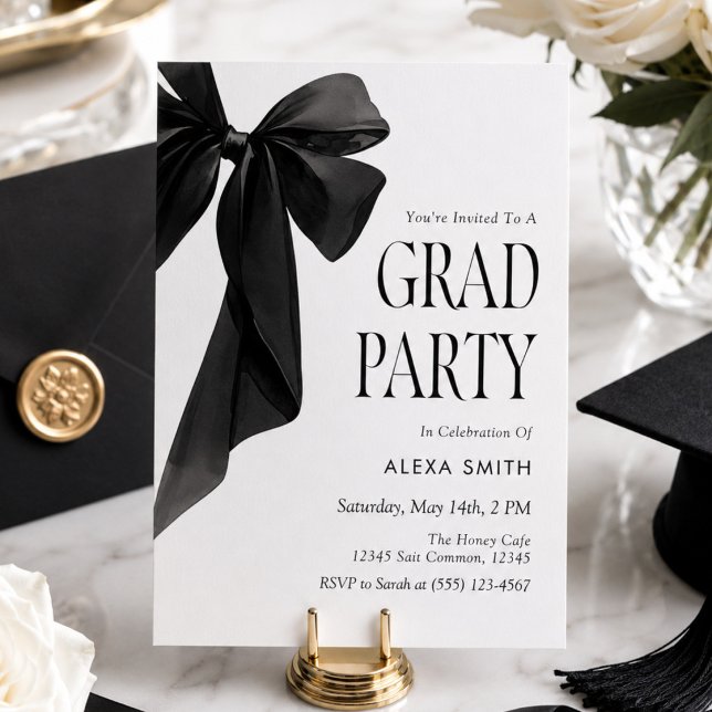 Modern Black Bow Graduation Elegant Minimalist Invitation (Creator Uploaded)