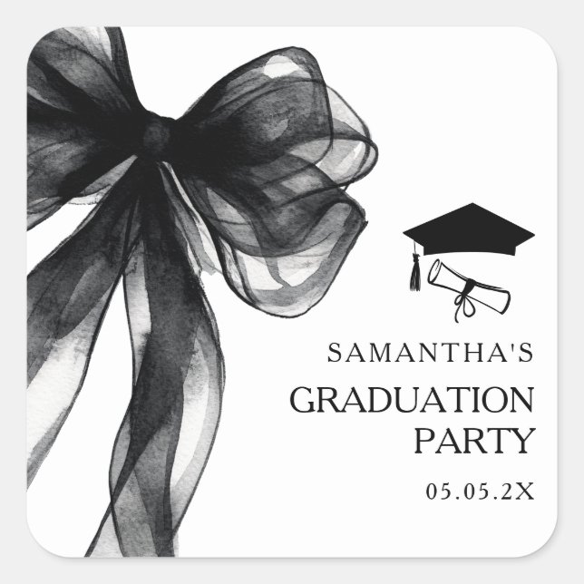 Modern Black Bow Graduation Party Square Sticker (Front)