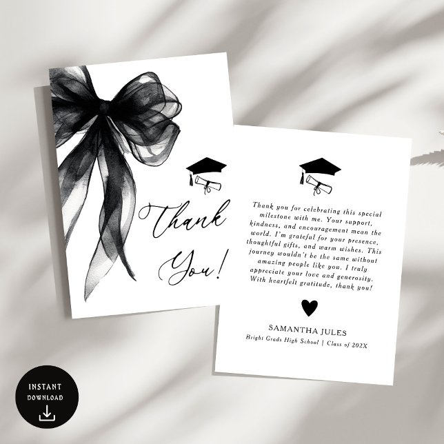 Modern Black Bow Graduation Party Thank You Card (Creator Uploaded)