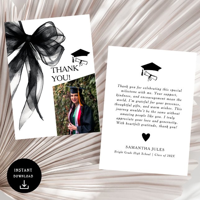Modern Black Bow Graduation Photo Thank You Card (Creator Uploaded)