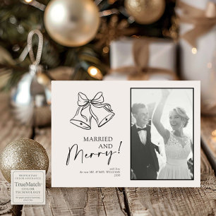 Modern Black Bow Married & Merry Vertical Photo Holiday Card