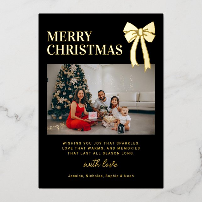 Modern Black Bow Photo Christmas Gold (Front)