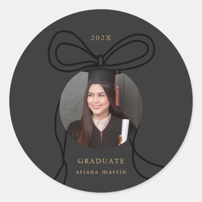 Modern Black Bow Photo Graduation Classic Round Sticker (Front)