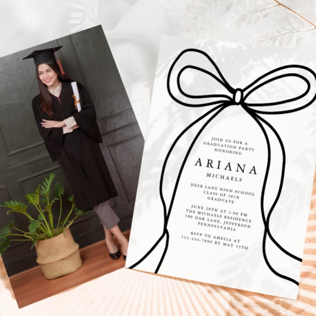 Modern Black Bow Photo Graduation Party Invitation (Creator Uploaded)