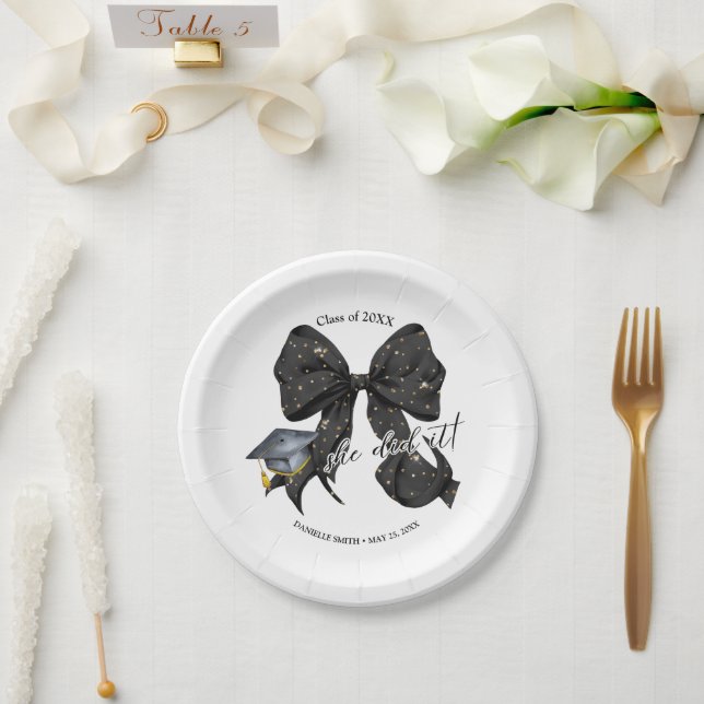 Modern Black Bow She Did It Paper Round Plate (Wedding)