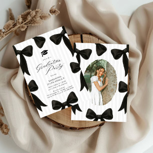 Modern Black Bow Stripes Photo Graduation Party  Invitation