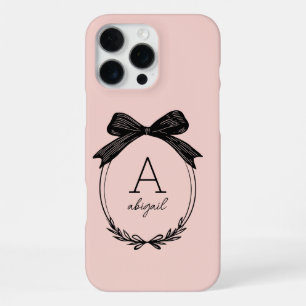 Modern Black Bow Stylish Girly Blush Pink Monogram iPhone 16 Pro Max Case