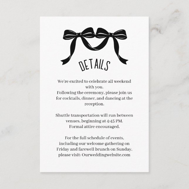Modern Black bow Wedding Details Enclosure Card  (Front)