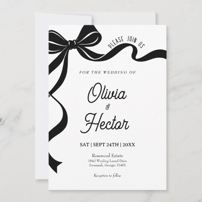 Modern Black Bow Wedding Invitation  (Front)