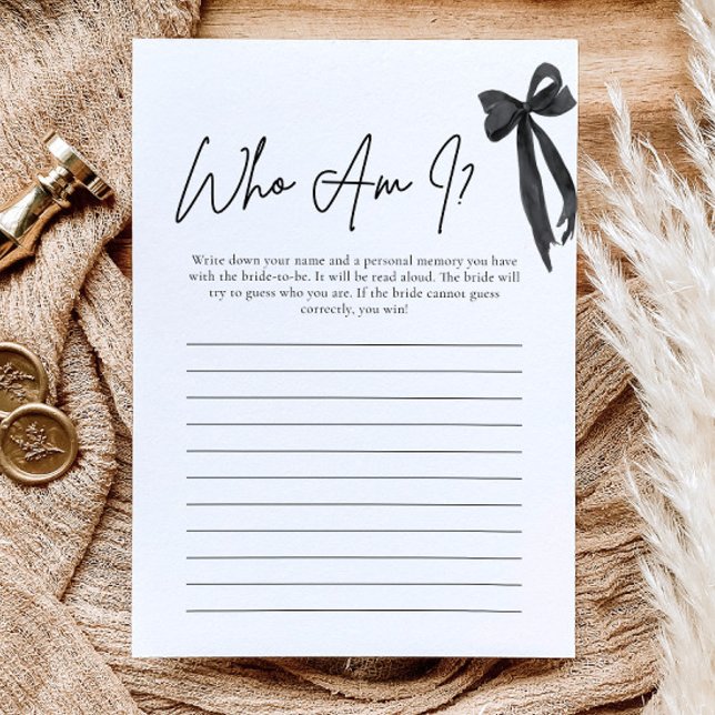 Modern Black Bow Who Am I Bridal Shower Game Card (Modern Black Bow Who Am I Bridal Shower Game)