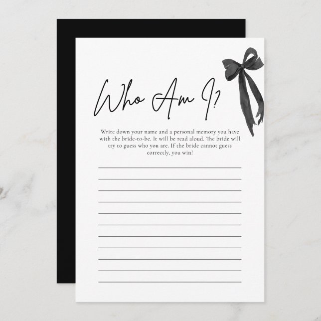 Modern Black Bow Who Am I Bridal Shower Game Card (Front/Back)