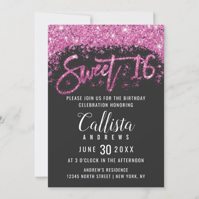 Modern Black Bright Pink Glitter Dust Sweet 16 Invitation (Front)