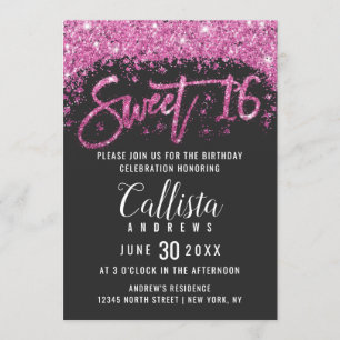 Modern Black Bright Pink Glitter Dust Sweet 16 Invitation
