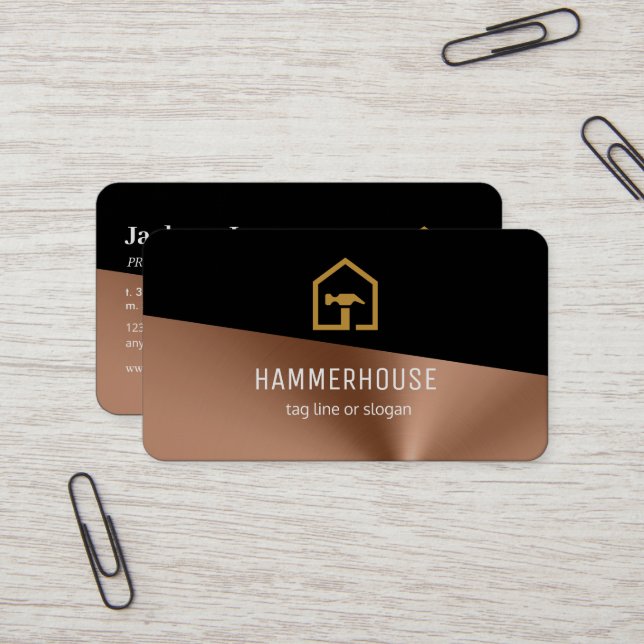 Modern Black & Bronze Construction Building Business Card (Front/Back In Situ)