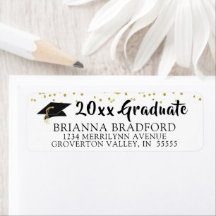 Modern Black Brush Script Gold Confetti Grad Cap