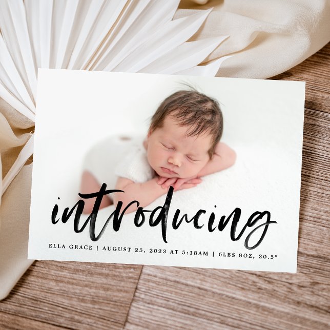 Modern Black Brush Script Introducing Photo Birth Announcement (Creator Uploaded)
