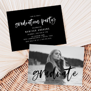 Modern Black Brush Script Photo Graduation Party Invitation