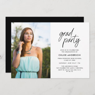 Modern Black Brush Script Photo Graduation Party Invitation