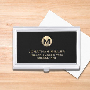 Modern Black Brushed Metallic Gold Monogram Business Card Holder
