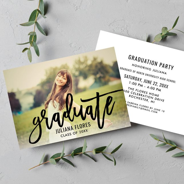 Modern Black Brushed Script Photo Graduation Party Invitation (Creator Uploaded)