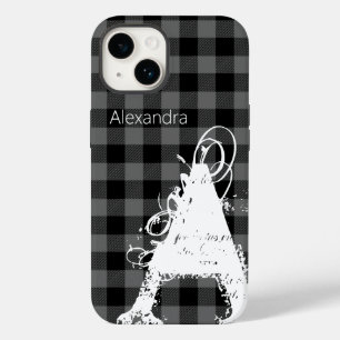 Modern Black Buffalo Plaid Big Monogram Name Case-Mate iPhone 14 Case