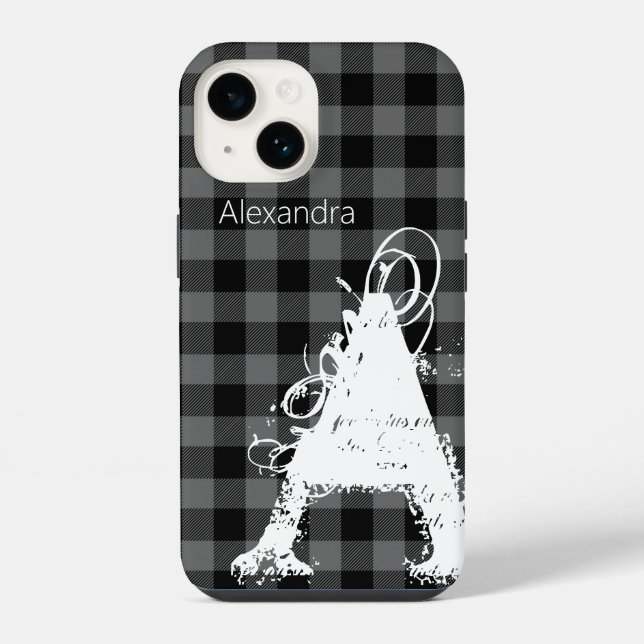 Modern Black Buffalo Plaid Big Monogram Name  iPhone Case (Back)
